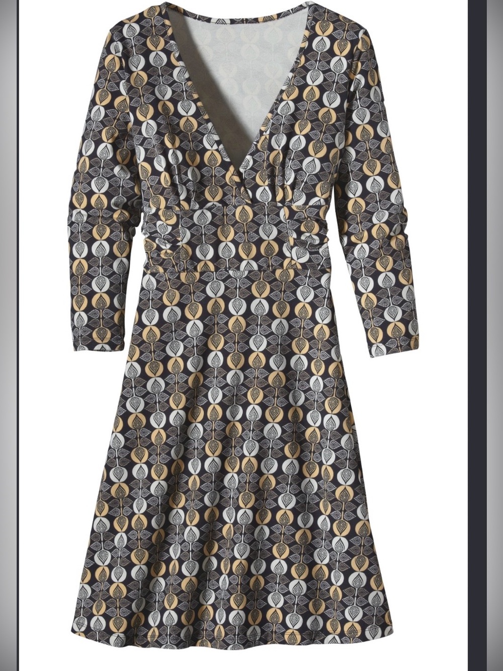 Patagonia Black, White & Gold Geometric V‑Neck Wrap Dress